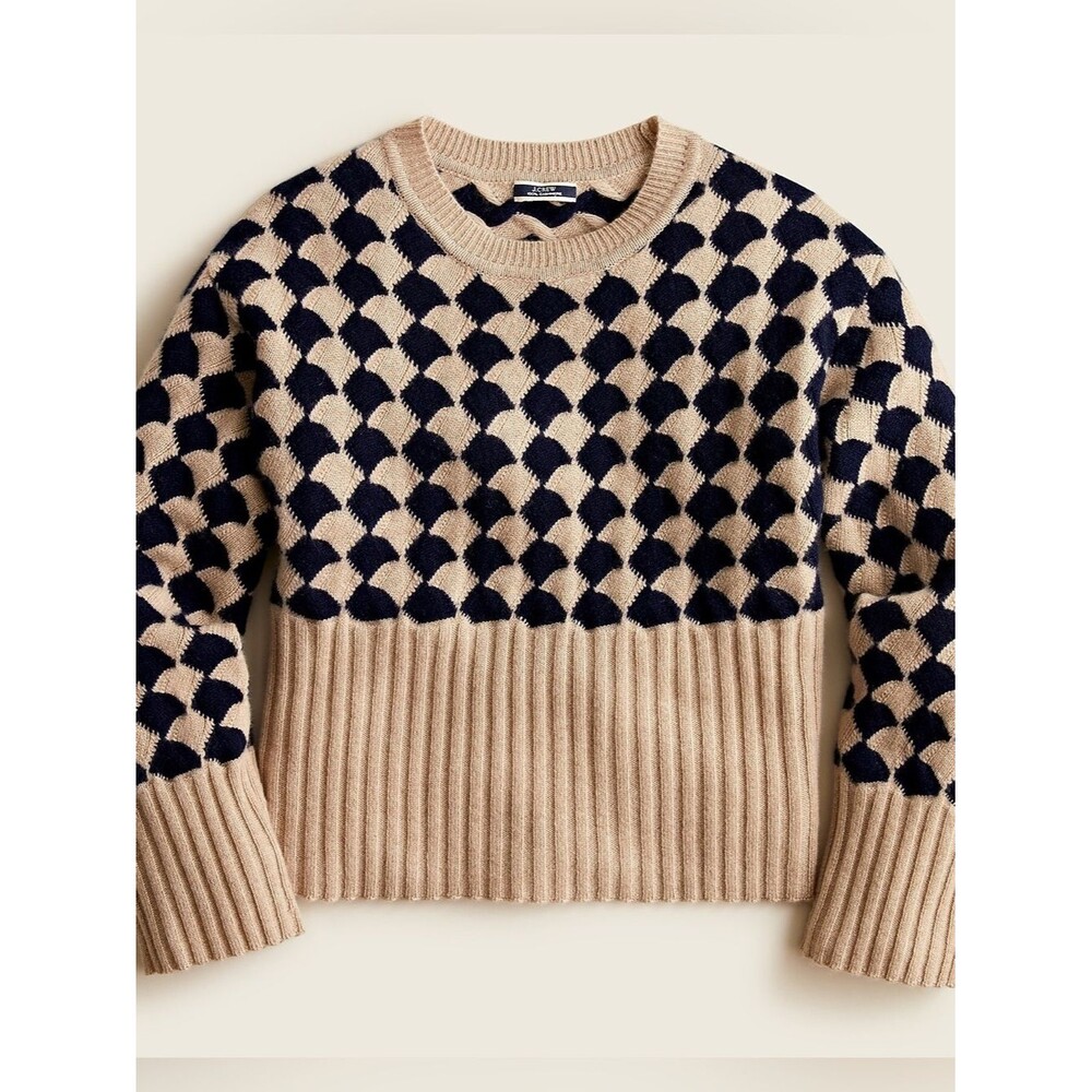 J. Crew 100% Cashmere Long Sleeve Diamond Check Cropped Crewneck Sweater. Large.